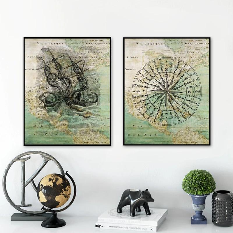 빈티지 북아메리카 지도 요트 항해 나침반 및 문어 크라켄 바다 바다 해상 포스터, 캔버스 페인팅 프린트
